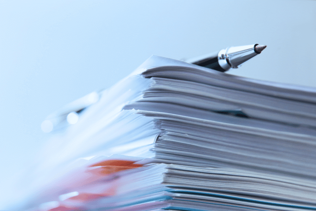 Ballpoint Pen Resting On Top Of Stack Of Documents